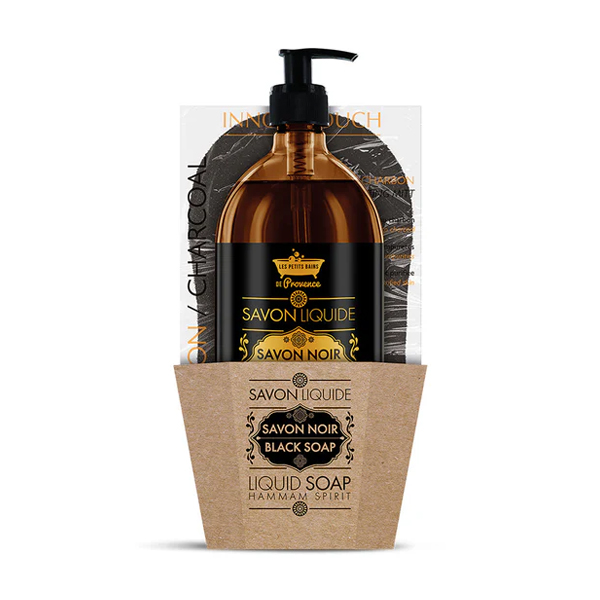 LES PETITS BAINS DE PROVENCE Fekete szappan készlet + peeling kesztyű