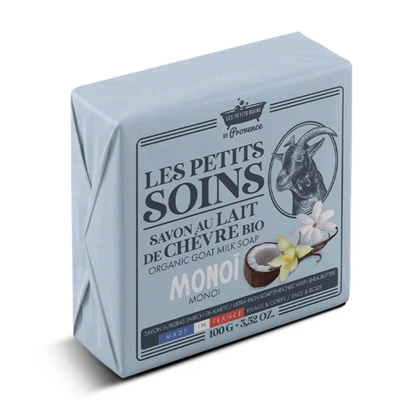 LES PETITS BAINS DE PROVENCE Les Petits Soins Bio kecsketejes szappan monoi-olajjal 100 g